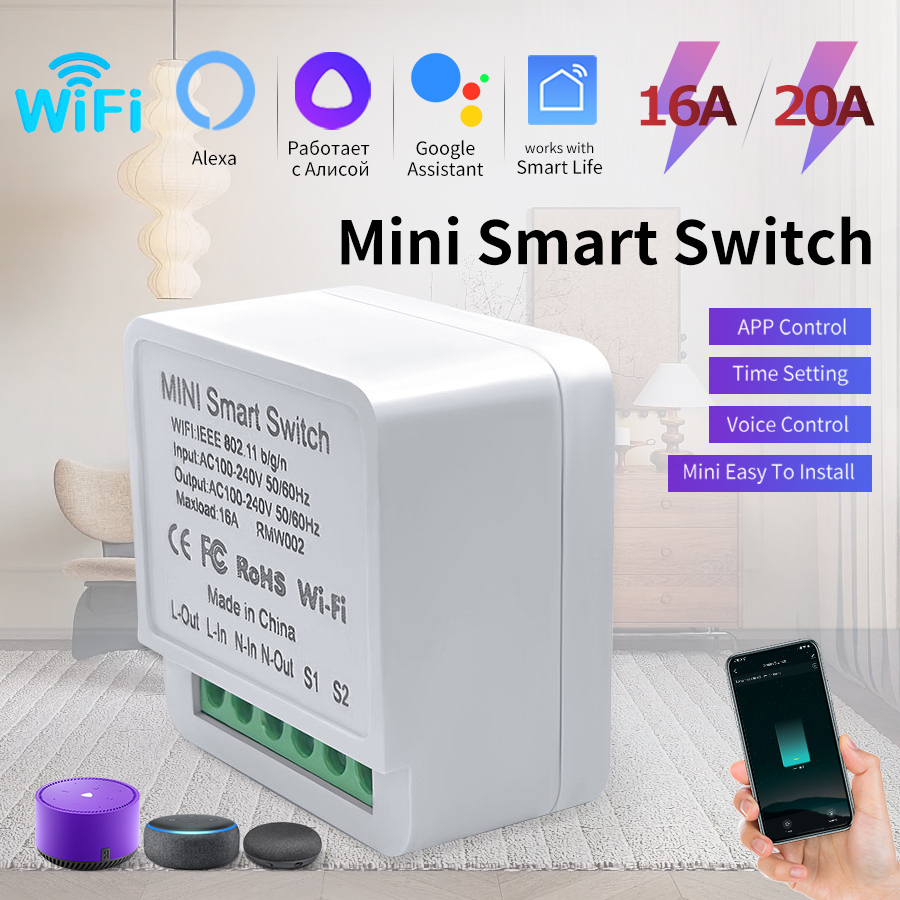 Smart Home Voice Assistant - 16A/20A WiFi Mini Smart Switch Module